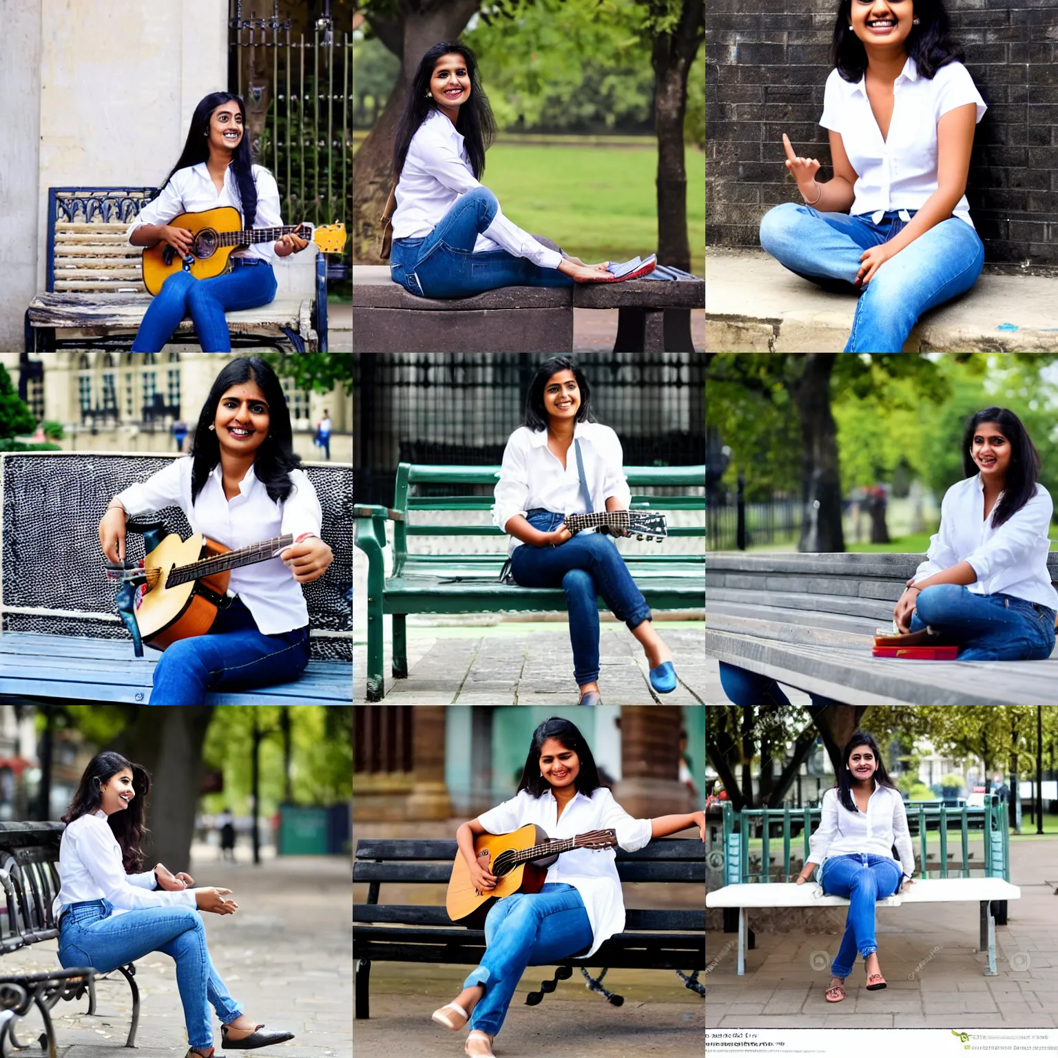 Prompt: A young Indian businesswoman plays a guitar, sitting on a bench, smiling, wearing a white shirt and blue jeans, London