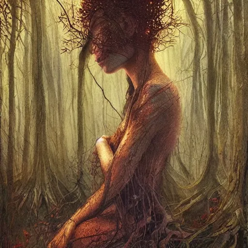 Image similar to portrait of a dryad in a forest of fey autumn maples by greg rutkowski and brian froud dark mysterious, filtered evening light