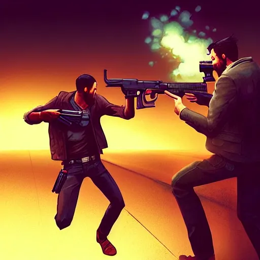 Image similar to “ two men in a shootout with a man dodging bullets, action, in the style of greg rutkowski, photorealistic, unreal engine ”