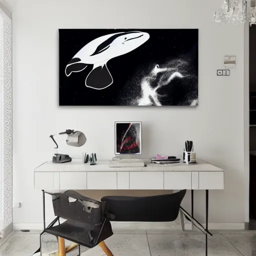 Image similar to Orca fur coat in space realistic art focus station