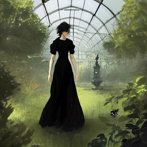 Image similar to portrait of a woman in a black dress standing in an elegant greenhouse garden, dramatic lighting, illustration by greg rutkowski, yoji shinkawa, 4 k, digital art, concept art, trending on artstation