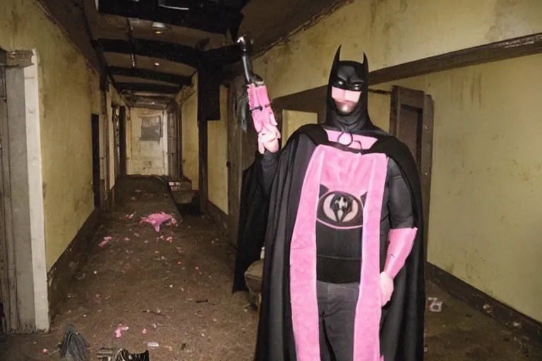 Image similar to michael keaton batman covered in beer wearing pink apron wielding an axe, chasing through old brown decrepit hallway, creepy smile, atmospheric eerie lighting, photorealistic face, dim lighting, bodycam footage, motion blur, photograph, first person shooter perspective with pistol