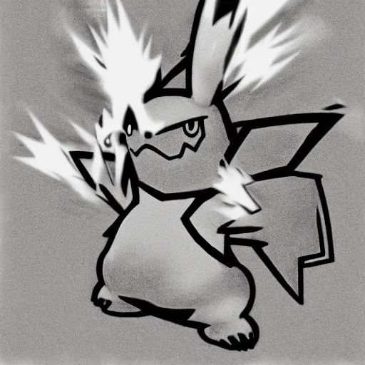 Image similar to an anime image in the style of pokemon, lightly sketched in pencil. a large, angry - looking pikachu with spiky orange ears comes charging at the viewer from a background sea of flames.