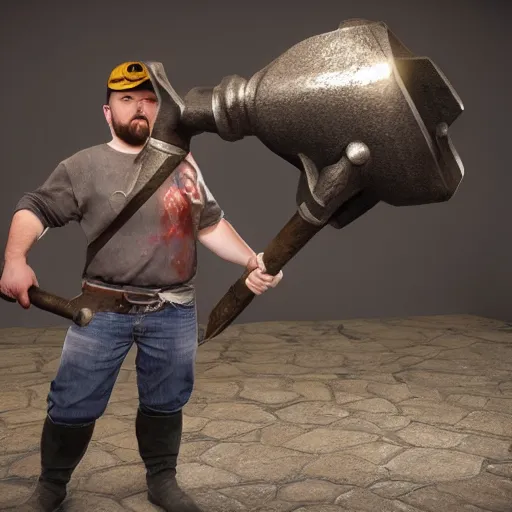 Image similar to realistic 3 d render of blacksmith kid character holding big hammer, unreal engine 5, extremely detailed