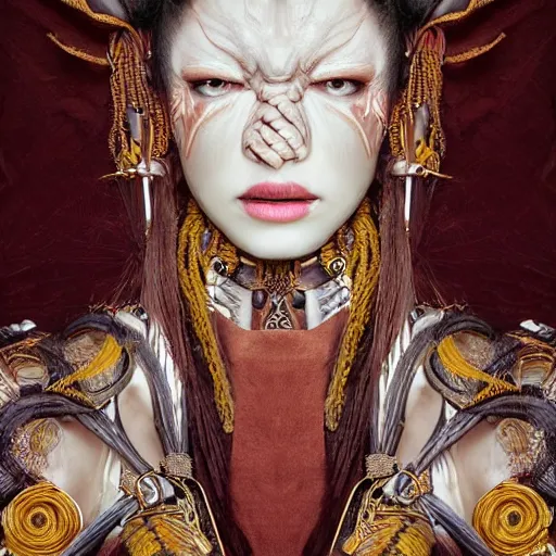 Image similar to portrait of a Shibari rope wrapped face and neck, headshot, insanely nice professional hair style, dramatic hair color, digital painting, of a old 15th century, zulu warrior, amber jewels, baroque, ornate clothing, scifi, realistic, hyperdetailed, chiaroscuro, concept art, art by Franz Hals and Jon Foster and Ayami Kojima and Amano and Karol Bak,
