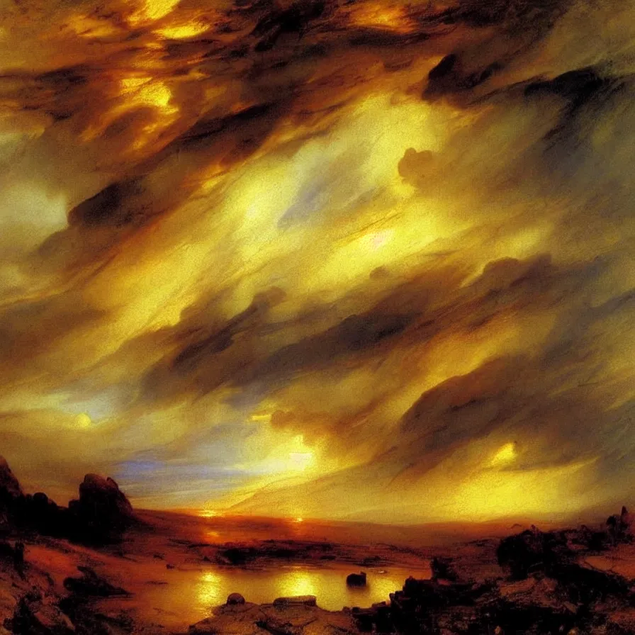 Image similar to atmospheric artwork about a highway to the horizon, painted by thomas moran. earthly tones.