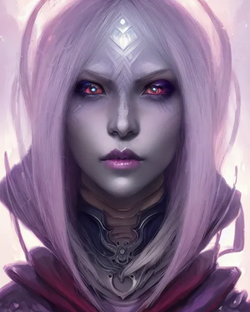 Image similar to portrait of an anime female drow necromancer, hd, illustration, epic, d & d, fantasy, intricate, elegant, highly detailed, digital painting, artstation, concept art, smooth, sharp focus, illustration, art by artgerm and greg rutkowski and alphonse mucha, monster hunter illustrations art book