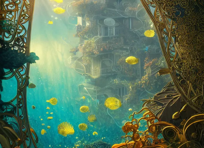 Image similar to foliage in art nouveau favela, underwater environment, borealis, scenery, professional, award - winning, trending on artstation, hyper detailed, realistic, beautiful, emotional, shiny, golden, picture