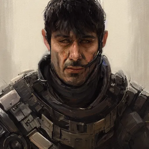 Prompt: Portrait of a man by Greg Rutkowski, he is about 40 years old, short black hair with bangs, his features are a mix between French, Turkish and Russian, expression of helplessness, sadness and resentment, he is wearing a futuristic tactical gear, highly detailed portrait, digital painting, artstation, concept art, smooth, sharp foccus ilustration, Artstation HQ.