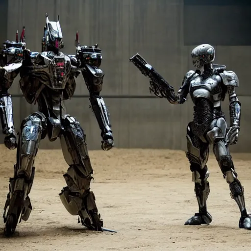 Image similar to cinematic still in westworld and real steel movie and pacific rim movie, one slim full body ornate armored core by fujioka kenki and by mamoru nagano, holding sci - fi rifle,