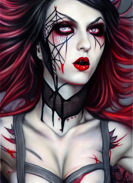 Image similar to cosplay goth female, fishnet, worksafe, light gray eyes, red lips, black hair, body fully covered with tattoos, fishnet clothes, beautiful detailed face, paint by artgerm and magali villeneuve, rich deep colors. wlop painting, part by tian zi and gerhard richter. art by magali villeneuve. masterpiece