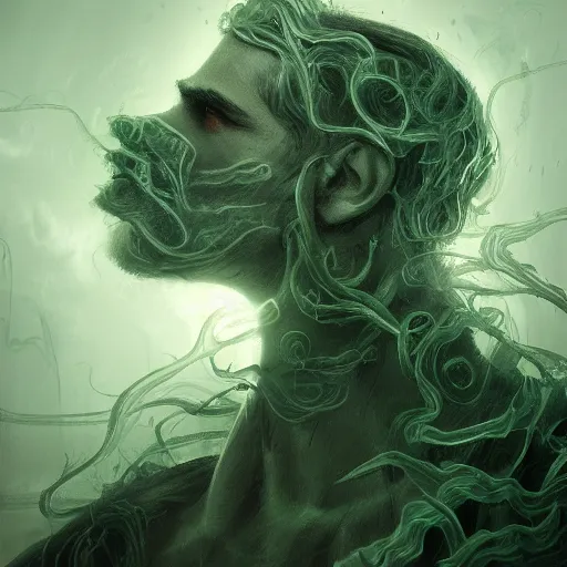 Prompt: side view of a man made of swirling smoke and tendrils of fog, with ivy, twilight colors and green, cinematic, highly detailed, digital painting, artstation, concept art, smooth, sharp focus, illustration