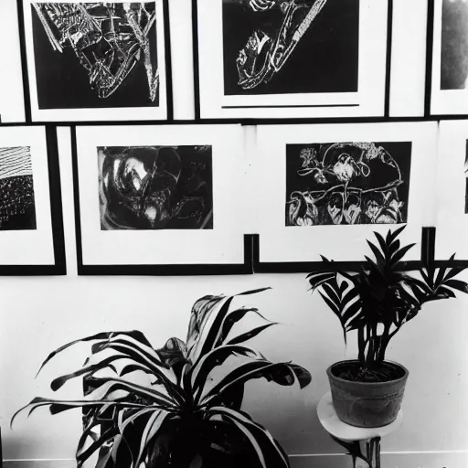 Image similar to A black and white photography in serigraphy of an exhibition space with works of Sun Ra, Marcel Duchamp and tropical plants, 60s, Modern Art