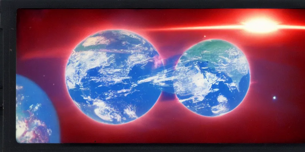 Prompt: analog polaroid photograph of the earth in space, several nuclear explosions on the surface visible, smoke clouds, unreal engine, 8k, lensflare, film grain, azure tones, red color bleed