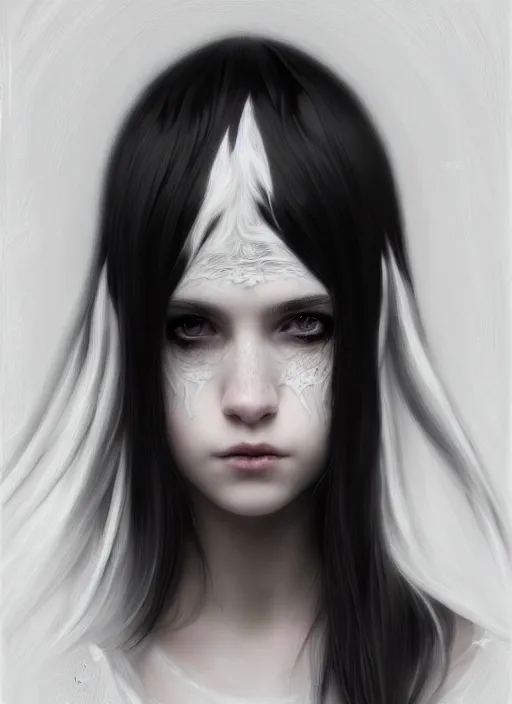 Image similar to portrait of white teenage girl, normal face, black bangs, mall goth, cyberlox, black and white hair, bangs, fluffy bangs, intricate, elegant, highly detailed, digital painting, artstation, concept art, sharp focus, smooth, illustration, art by wlop, mars ravelo and greg rutkowski