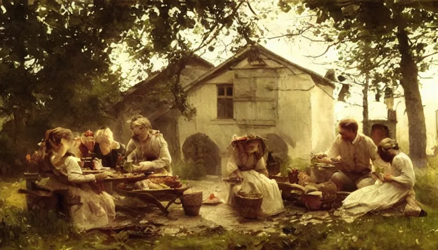 Image similar to simple villager family about to eat a meal together in their beautiful simple cottage home, art by anders zorn, wonderful masterpiece by greg rutkowski, beautiful cinematic light, american romanticism thomas lawrence, greg rutkowski