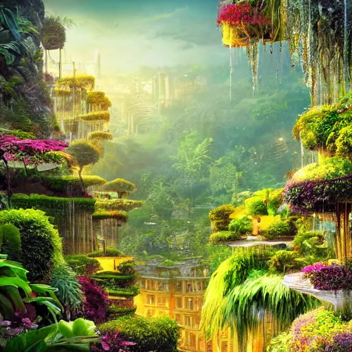 Prompt: hanging gardens, beautiful garden city, lush paradise, matte painting, opulent, golden hour lighting