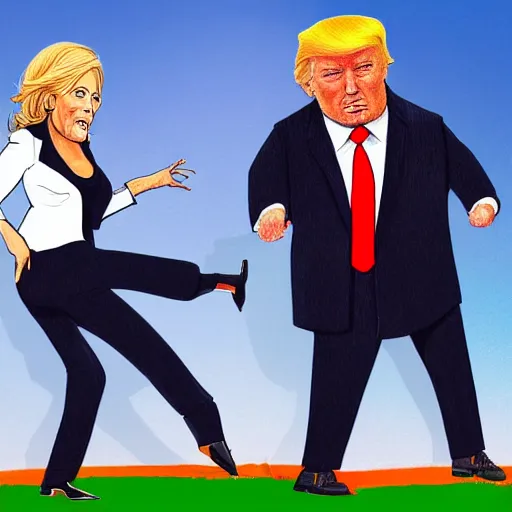 Image similar to an ultra detailed picture portrait of Donald Trump kicking Joe Biden and Kamala Harris out of the white house 8k, photorealistic, Smooth,