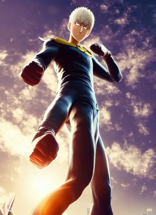 Realistic One Punch Man, city background, artistic, Stable Diffusion