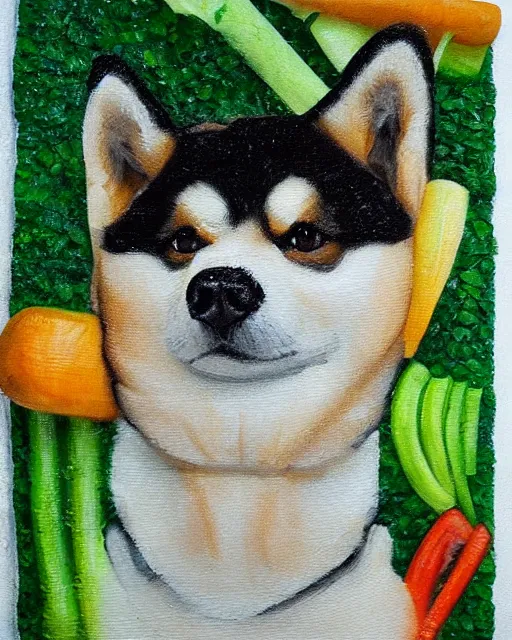 Image similar to shiba made of vegetables, oil painting, portrait