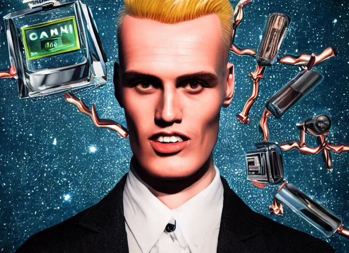 Prompt: Max Headroom in a Perfume advertisement, magical, science fiction, symmetrical face, large eyes, Chanel, Calvin Klein, Burberry, Versace, Gucci, Dior, hyper realistic, digital art, octane render, trending on artstation, artstationHD, artstationHQ, unreal engine, 4k, 8k