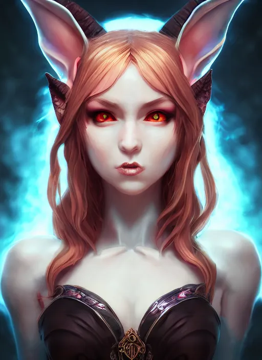 Image similar to imp demon goddess, cute elf ears, strapless dress, character portrait in the style of thomas river and artgerm, cinematic lighting, hyperdetailed, 8 k realistic, symmetrical, global illumination, radiant light,, frostbite 3 engine, cryengine, dof, trending on artstation, digital art, chanel