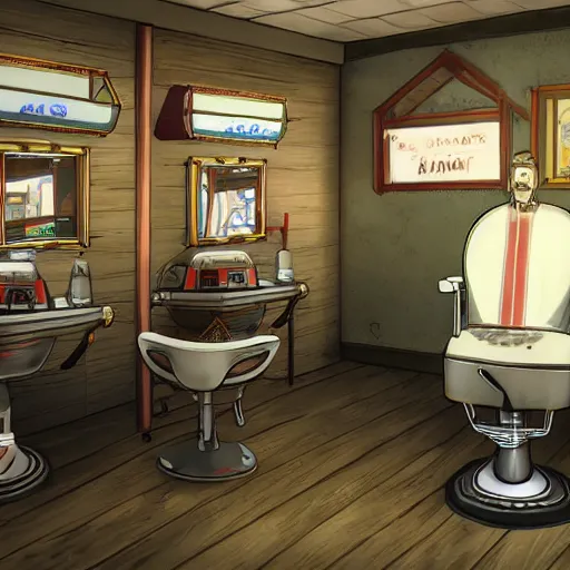 Image similar to A barbershop in the video game Disco Elysium