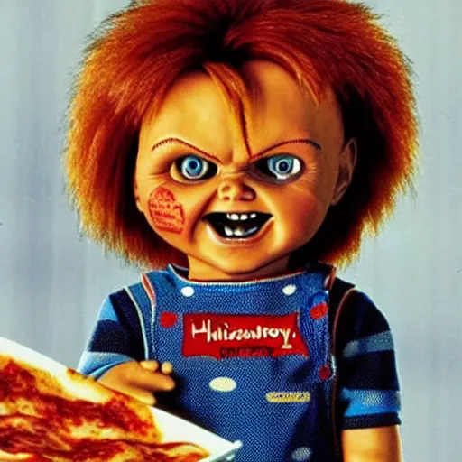 Image similar to Chucky the killer doll from the movie Child's Play eating Pizza at Pizza Hut