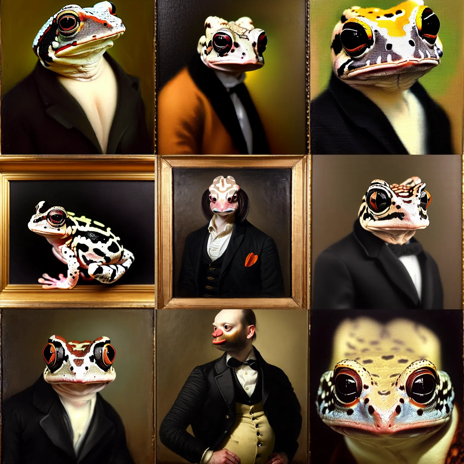 Prompt: a head - and - shoulders portrait of an amazon milk frog looking off camera wearing a black buttoned jacket with a vest, an american romanticism painting, a portrait painting, cgsociety, soft focus, oil on canvas