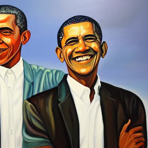Prompt: Never seen before painting of Barak Obama and John Lennon. Oil painting on cotton canvas.