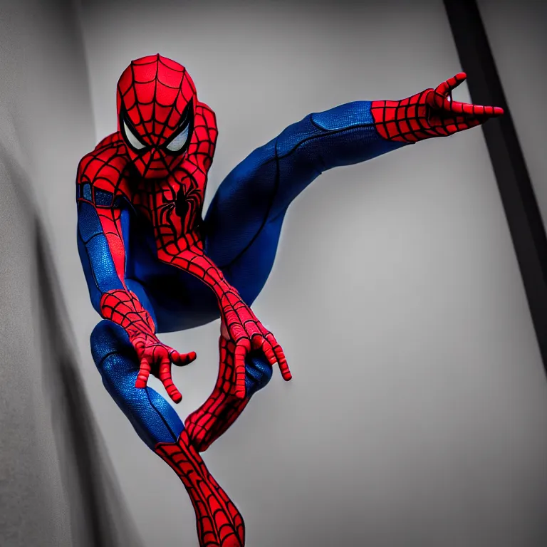 Image similar to spider man suit in a museum, realistic, hdr, dramatic lighting, photo, dslr photo, stunning image
