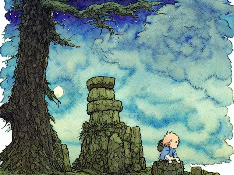 Prompt: a simple watercolor studio ghibli movie still fantasy concept art of a giant monnk sitting in a tiny stonehenge. it is a misty starry night. by rebecca guay, michael kaluta, charles vess