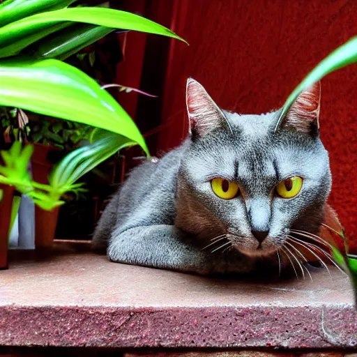 Prompt: cat hiding behind a potted philodendron plant by nxoeed