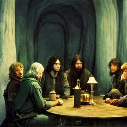 Prompt: the fellowship of the ring, gandalf, frodo, aragorn, legolas, by edward hopper