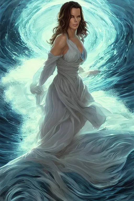 Image similar to kate beckinsdale as a heroine with a dress inspired by the great wave off kanagawa, digital painting, artstation, concept art, smooth, sharp focus, illustration, art by artgerm and donato giancola and Joseph Christian Leyendecker, Ross Tran, WLOP