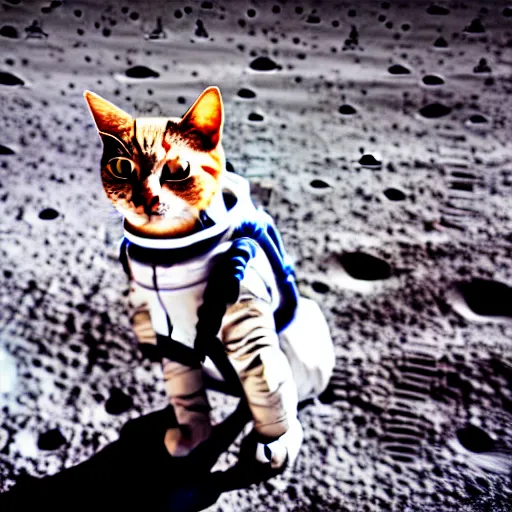 Image similar to cat wearing astronaut suit on the moon planet earth in the background sigma 1 4 mm f / 1. 8 astroied belt