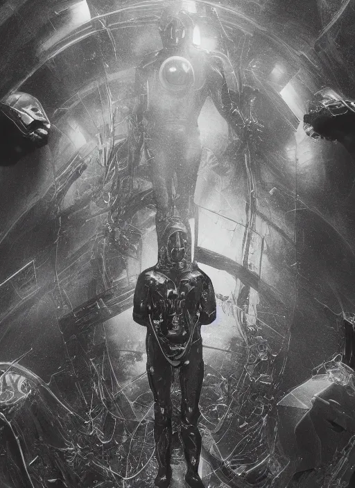 Image similar to astronauts in dark minimalists underwater void - hyperdetailed suit. reflection and dispersion materials. rays and dispersion of light. volumetric light. 5 0 mm, f / 3 2. noise film photo. flash photography. ultra realistic, wide angle. poster by wayne barlowe, hajime sorayama aaron horkey, craig mullins. dark key.