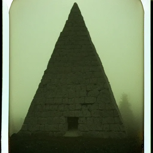 Image similar to a stone pyramid in the middle of a forest clearing, foggy, eerie, creepy, unsettling, lost footage, old polaroid, expired film,