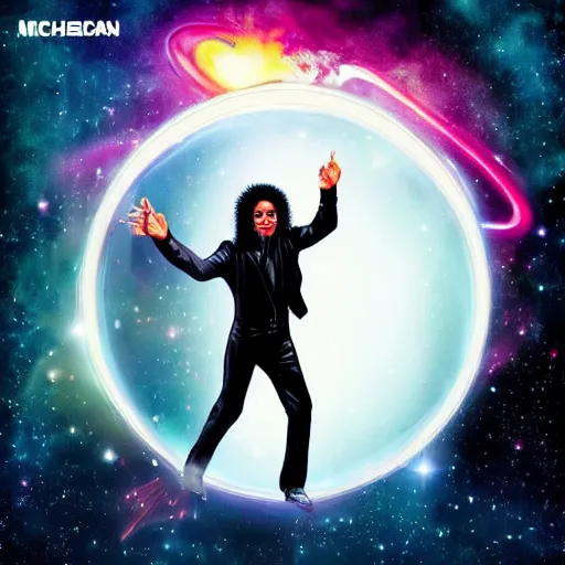 Prompt: michael jackson escaping from a galaxy portal, xscape album cover 2 0 7 7