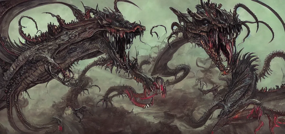 Image similar to concept art of dragon attack, lovecraftian, lots of teeth, melting horror, feathers, fighting the horrors of the unknown with laser guns