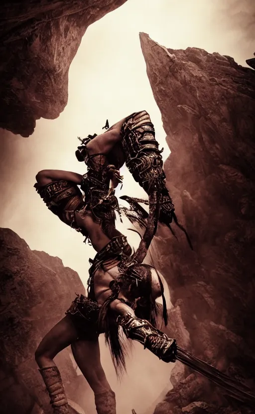 Prompt: vertical movie frame with warrior princess, fight, battle, on rock, dramatic angle, seen from below, inspired by monster hunter and dark fantasy and fashion, beautiful body, clean brutal blooded symmetrical face, brutal bloody sluty make up, epic,dramatic lighting, cinematic, establishing shot, extremely high detail, photorealistic, brutal, provocative , cinematic lighting, artstation, octane render, dark fantasy ,old photo, vintage, black and white, Boris vallejo, sepia, old photography, documentary photography