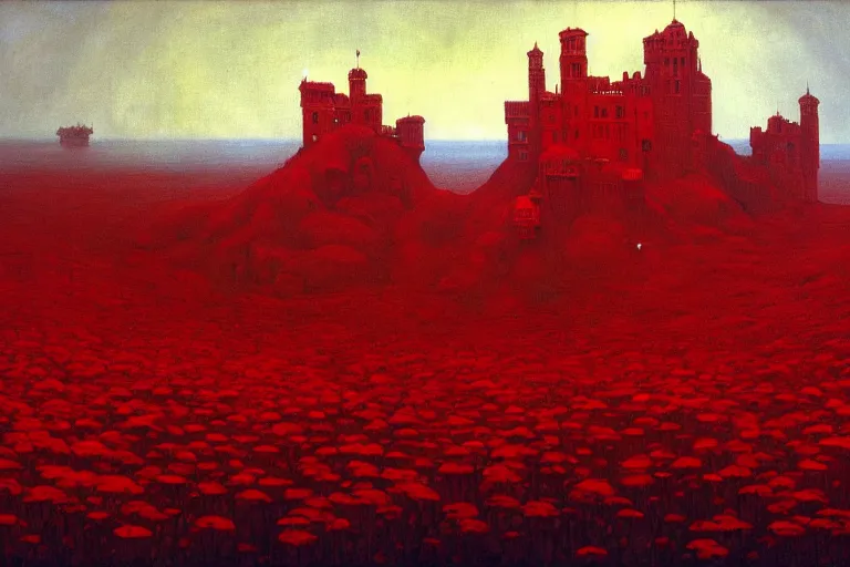 Image similar to only with red, red flowers of different types, red castle in background, red medieval goblins, in the style of beksinski, parts by edward hopper, parts by rodcenko, parts by yue minjun, intricate and epic composition, red by caravaggio, insanely quality, highly detailed, masterpiece, red light, artstation, 4 k