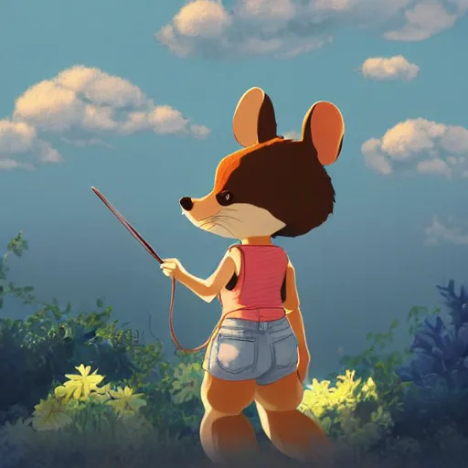 Image similar to in the style of studio ghibli, anthropomorphic mouse, female, wearing denim shorts and tank top, detailed, intricate, aesthetic, artistic, ambient occlusion, volumetric light effect, 8 k resolution