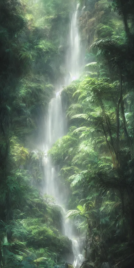 Prompt: a waterfall in the tropical jungle, magical atmosphere, by Renato muccillo and Andreas Rocha, trending on artstation