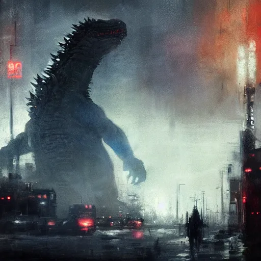 Prompt: godzilla by jeremy mann, dark cyberpunk style