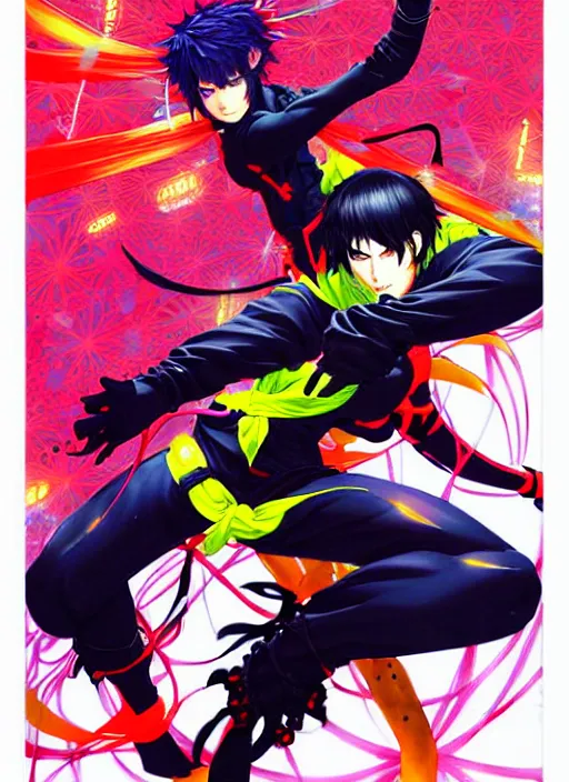 Image similar to exquisite imaginative fate manga poster design of ninja, ninja outfit, fluorescent, illustration, artstation, dark fantastic, highly detailed, 8 k, maximalist, by shigenori soejima, minaba hideo, katsuhiro otomo, jump comics