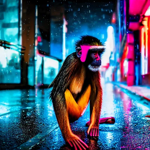 Image similar to a high quality low wide angle photo of a Mandrill monkey on the streets of a cyberpunk city, rainy, reflective ground, neon lights, realism, 8k