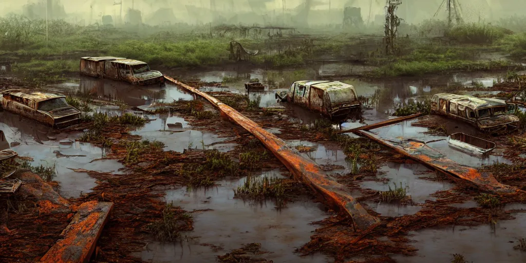 Image similar to a muddy swamp littered with rusted submerged cars and vegetation covered construction equipment, wooden walkway winding through the middle, game art matte painting hyperdetailed, artstation, cgsociety, 8k, surreal dream landscape