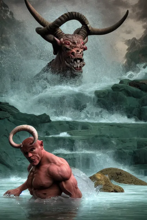 Prompt: martyn fords as huge muscular demon with ram's horns and emerging from lake in rockies, water splashing cascading, beautiful day, by albert bierstadt, ruan jia, jack kirby, norman rockwell, wayne barlow, sergey krasovskiy, zdzislaw beksinski, artstation 3 d render character creature