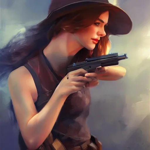 Image similar to beautiful woman with a gun, artstation, wlop, Volegov, highly detailed